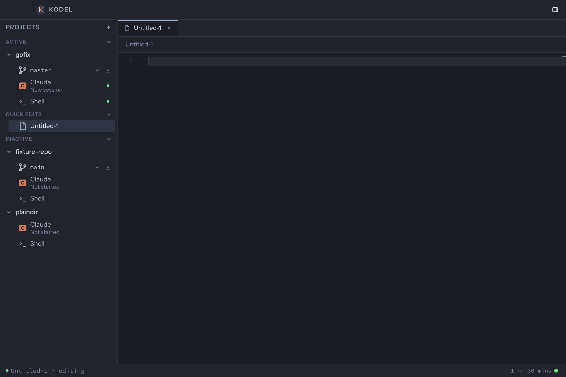 Kodel's sidebar with an Active group holding a started project, a Quick Edits group with an untitled buffer, and an Inactive group of stopped projects