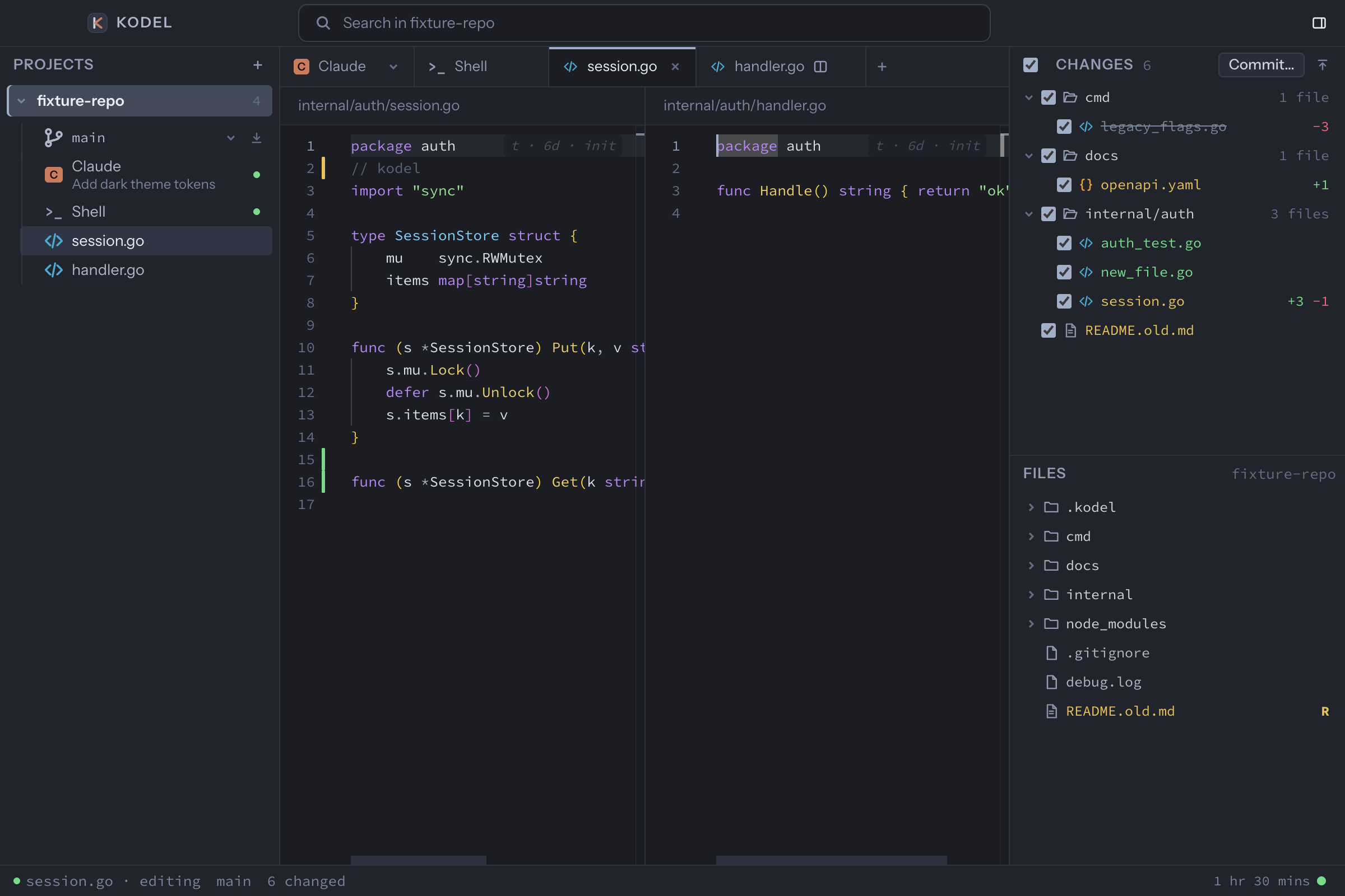 Two Go files side by side in a split view, the split tab marked in the tab strip